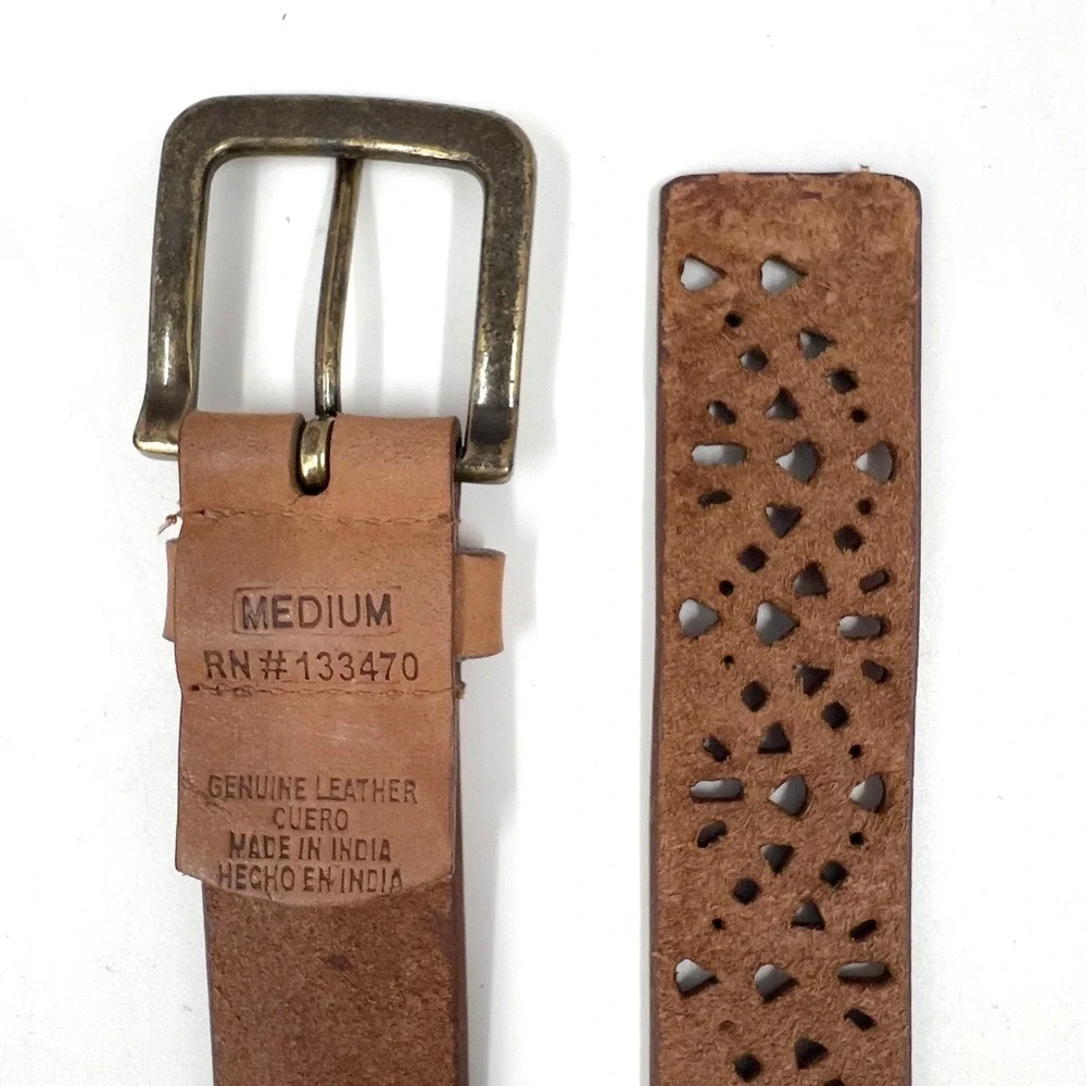 Men's Tan Leather Belt Geometric Punch Cut-Out Antique Brass Buckle Boho M 40